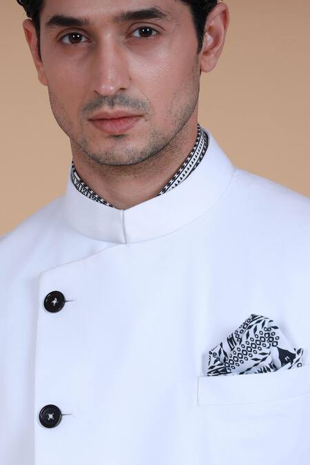 Raghavendra Rathore Blue_White Cotton, Suiting Plain Overlap Bandhgala Set _at_Aza_Fashions