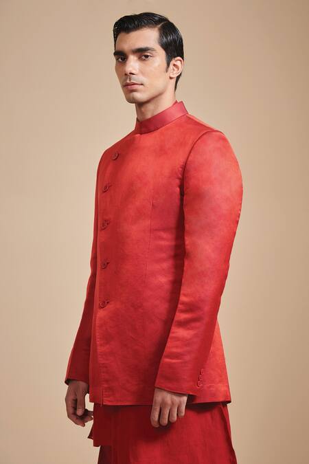 Raghavendra Rathore Blue_Red Linen Plain Angular Bandhgala _Online_at_Aza_Fashions
