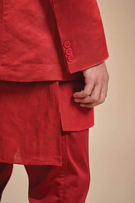 Shop_Raghavendra Rathore Blue_Red Linen Plain Angular Bandhgala _Online_at_Aza_Fashions