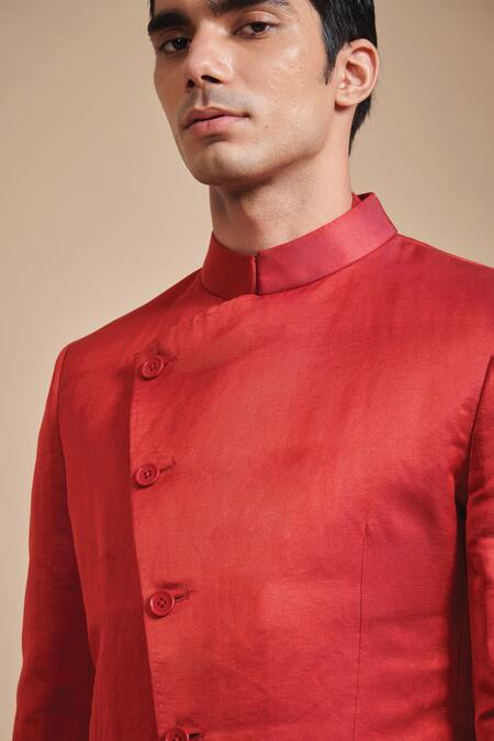 Raghavendra Rathore Blue_Red Linen Plain Angular Bandhgala _at_Aza_Fashions