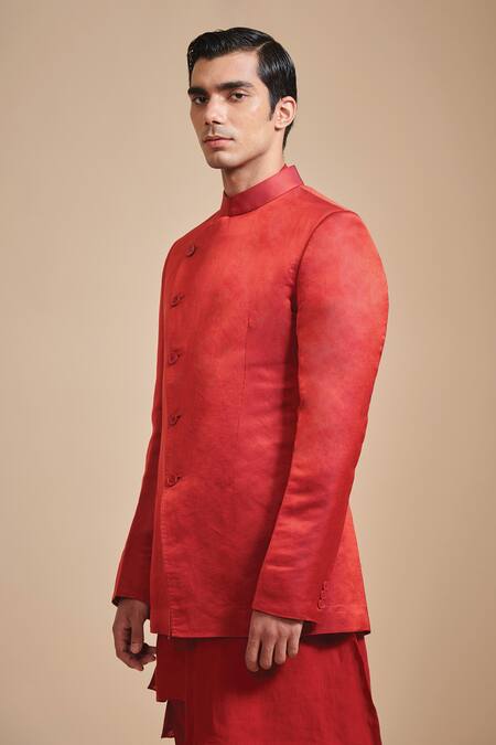 Raghavendra Rathore Blue_Red Linen Plain Angular Bandhgala And Kurta Set _Online_at_Aza_Fashions