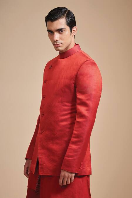 Buy_Raghavendra Rathore Blue_Red Linen Plain Angular Bandhgala And Kurta Set _Online_at_Aza_Fashions