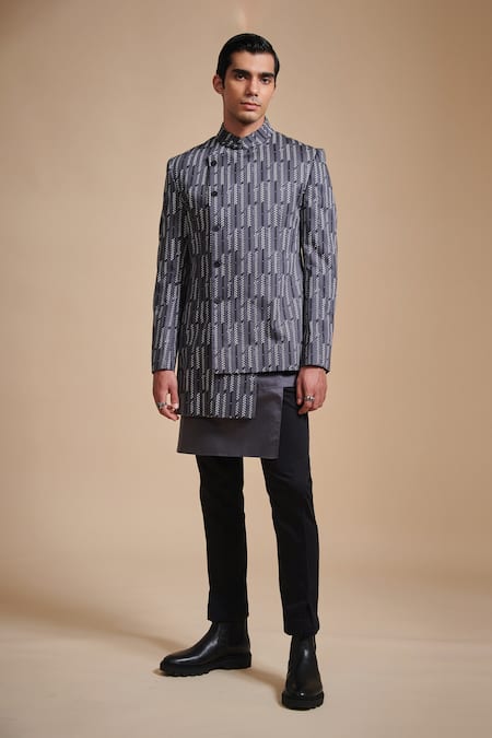 Shop Raghavendra Rathore Blue Grey Cotton Satin Geometric Print Bandhgala at Aza Fashions Shop_Raghavendra Rathore Blue_Grey Cotton Satin Geometric Print Bandhgala _at_Aza_Fashions