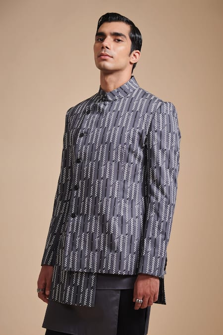 Raghavendra Rathore Blue Grey Cotton Satin Geometric Print Bandhgala Online at Aza Fashions Raghavendra Rathore Blue_Grey Cotton Satin Geometric Print Bandhgala _Online_at_Aza_Fashions