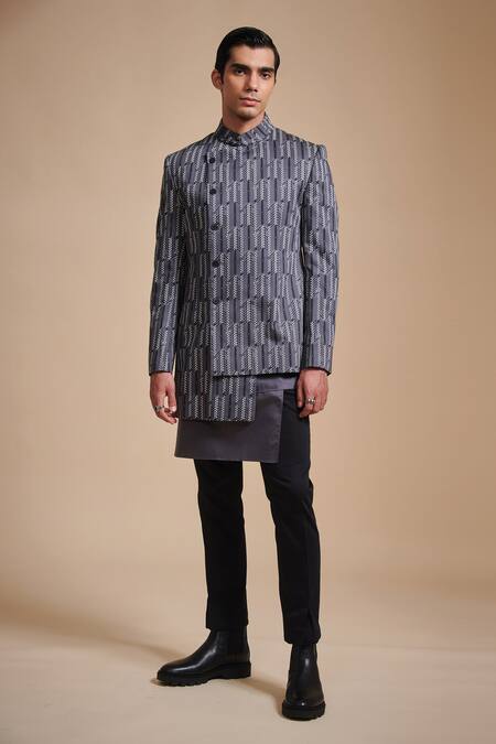 Shop_Raghavendra Rathore Blue_Grey , Satin Geometric Printed Bandhgala And Kurta Set _at_Aza_Fashions