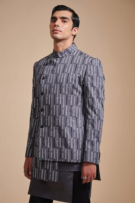 Raghavendra Rathore Blue_Grey , Satin Geometric Printed Bandhgala And Kurta Set _Online_at_Aza_Fashions