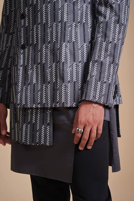 Buy_Raghavendra Rathore Blue_Grey , Satin Geometric Printed Bandhgala And Kurta Set _Online_at_Aza_Fashions