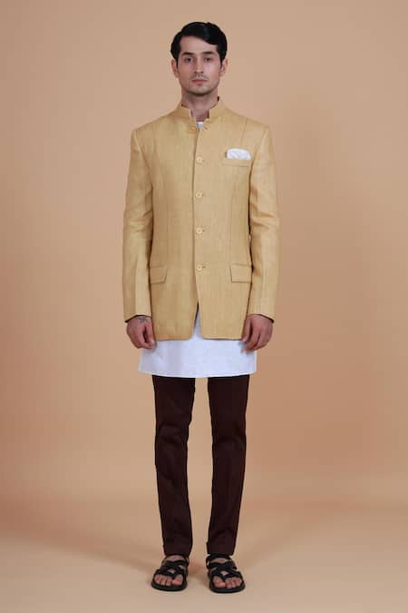 Raghavendra Rathore Blue_Beige Linen Bandhgala _Online_at_Aza_Fashions