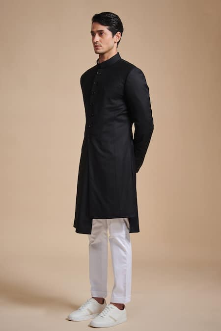 Raghavendra Rathore Blue_Black Suiting Plain Asymmetric Achkan _Online_at_Aza_Fashions