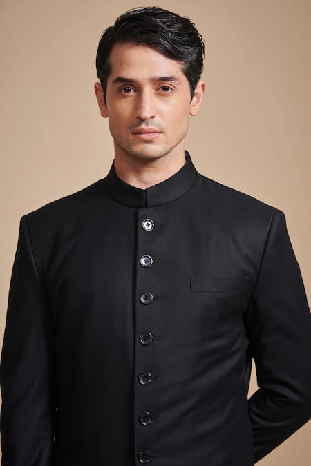 Buy_Raghavendra Rathore Blue_Black Suiting Plain Asymmetric Achkan _Online_at_Aza_Fashions