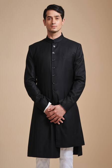 Raghavendra Rathore Blue_Black Cotton Satin Plain Asymmetric Achkan Set _Online_at_Aza_Fashions