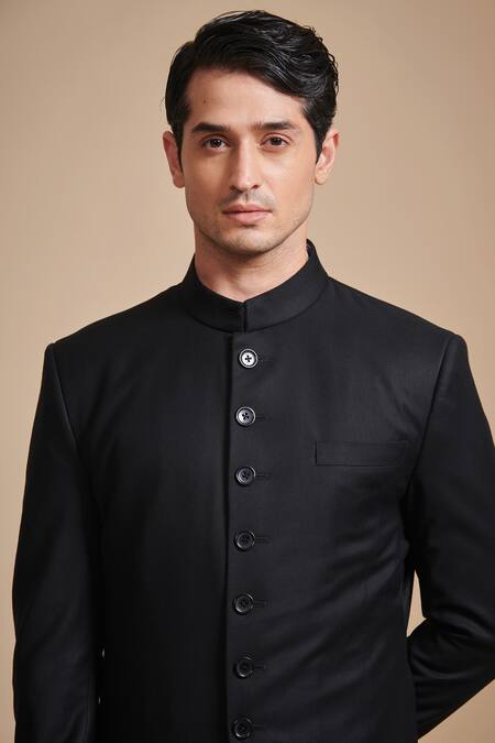Buy_Raghavendra Rathore Blue_Black Cotton Satin Plain Asymmetric Achkan Set _Online_at_Aza_Fashions