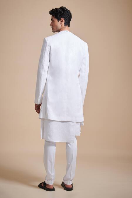 Shop_Raghavendra Rathore Blue_White Linen Embroidery Plain Asymmetric Achkan Kurta _at_Aza_Fashions