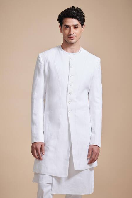 Raghavendra Rathore Blue_White Linen Embroidery Plain Asymmetric Achkan Kurta _Online_at_Aza_Fashions
