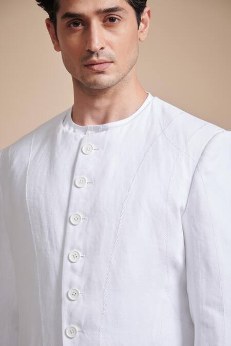 Buy_Raghavendra Rathore Blue_White Linen Embroidery Plain Asymmetric Achkan Kurta _Online_at_Aza_Fashions