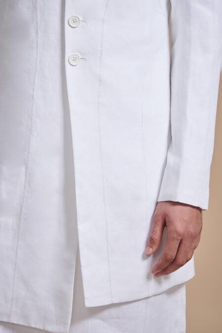 Shop_Raghavendra Rathore Blue_White Linen Embroidery Plain Asymmetric Achkan Kurta _Online_at_Aza_Fashions