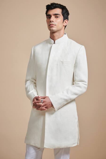 Raghavendra Rathore Blue_White Linen Plain Achkan_Online_at_Aza_Fashions