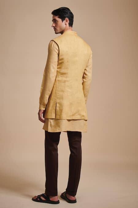 Raghavendra Rathore Blue Linen Bundi Kurta Set 