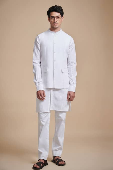 Raghavendra Rathore Blue White Linen Band Collar Bundi 