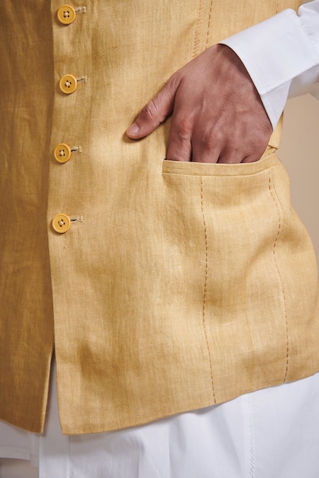 Raghavendra Rathore Blue_Beige Linen, And Satin Bundi & Kurta Set_Online_at_Aza_Fashions