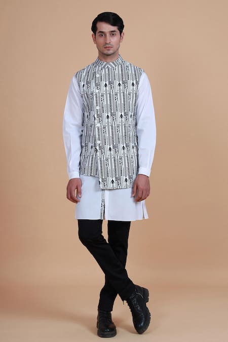 Raghavendra Rathore Blue Black Suiting And Cotton Print Geometric Bundi Kurta Set 