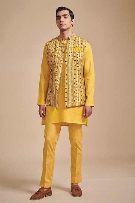 Raghavendra Rathore Blue_Yellow Linen And Cotton Geometric Print Bundi Kurta Set_Online_at_Aza_Fashions