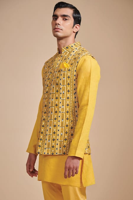 Buy_Raghavendra Rathore Blue_Yellow Linen And Cotton Geometric Print Bundi Kurta Set_Online_at_Aza_Fashions