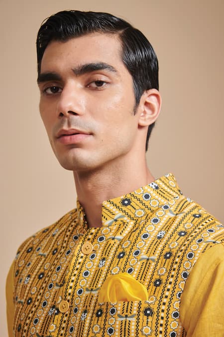 Shop_Raghavendra Rathore Blue_Yellow Linen And Cotton Geometric Print Bundi Kurta Set_Online_at_Aza_Fashions