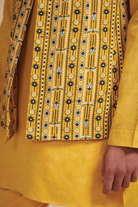 Raghavendra Rathore Blue_Yellow Linen And Cotton Geometric Print Bundi Kurta Set_at_Aza_Fashions