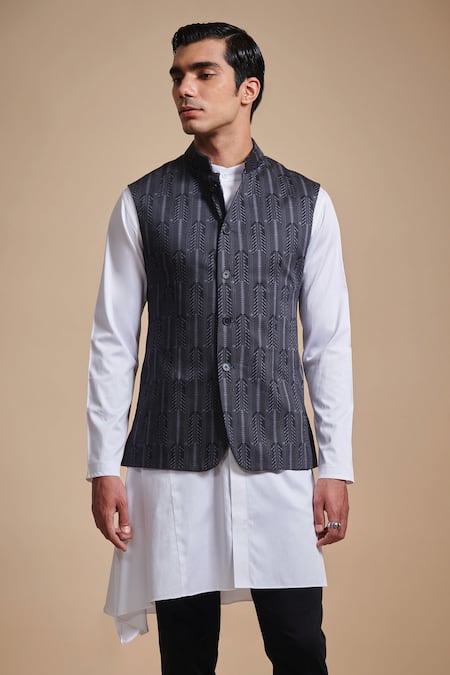 Raghavendra Rathore Blue_Black Cotton Satin Geometric Print Bundi _Online_at_Aza_Fashions