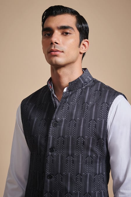 Buy_Raghavendra Rathore Blue_Black Cotton Satin Geometric Print Bundi _Online_at_Aza_Fashions