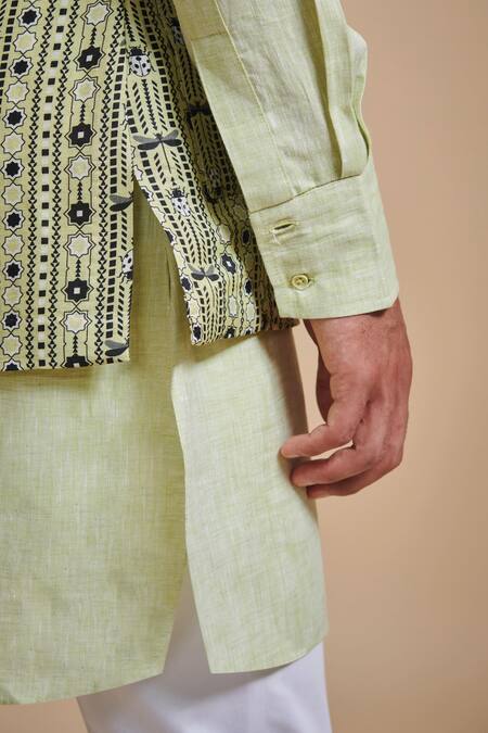 Buy_Raghavendra Rathore Blue_Green Linen Geometric Print Bundi_Online_at_Aza_Fashions