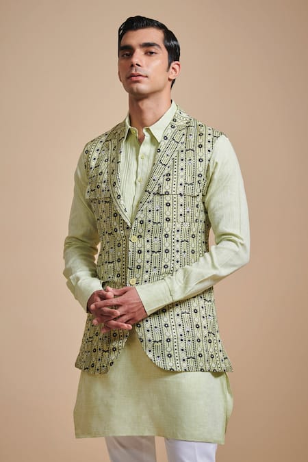 Raghavendra Rathore Blue_Green Linen And Cotton Satin Geometric Print Bundi Kurta Set_Online_at_Aza_Fashions