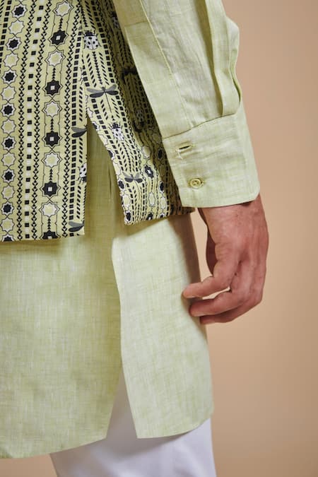 Buy_Raghavendra Rathore Blue_Green Linen And Cotton Satin Geometric Print Bundi Kurta Set_Online_at_Aza_Fashions