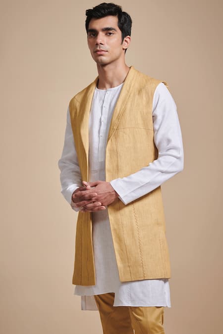 Raghavendra Rathore Blue White Linen Bundi And Kurta 