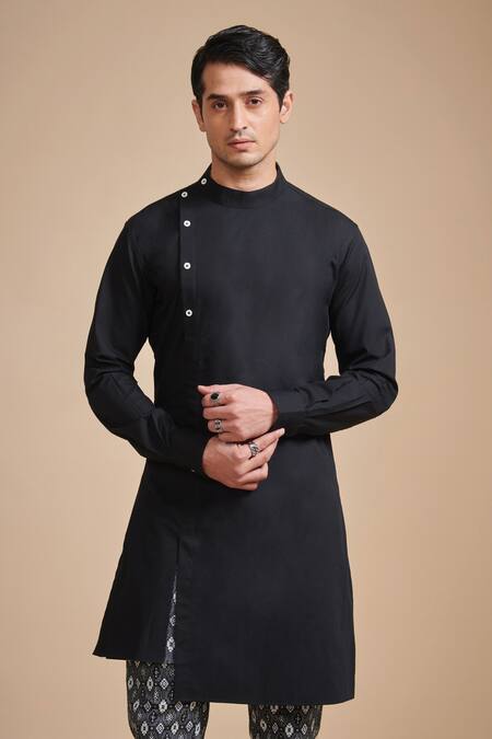 Raghavendra Rathore Blue_Black Cotton Satin Plain Asymmetric Kurta _Online_at_Aza_Fashions