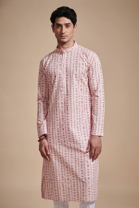 Raghavendra Rathore Blue_Pink Cotton Poplin Linear Print Kurta_Online_at_Aza_Fashions