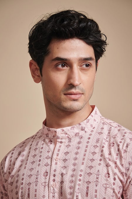 Buy_Raghavendra Rathore Blue_Pink Cotton Poplin Linear Print Kurta_Online_at_Aza_Fashions