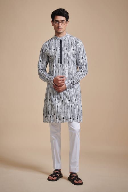 Raghavendra Rathore Blue Black Cotton Printed Linear Kurta 