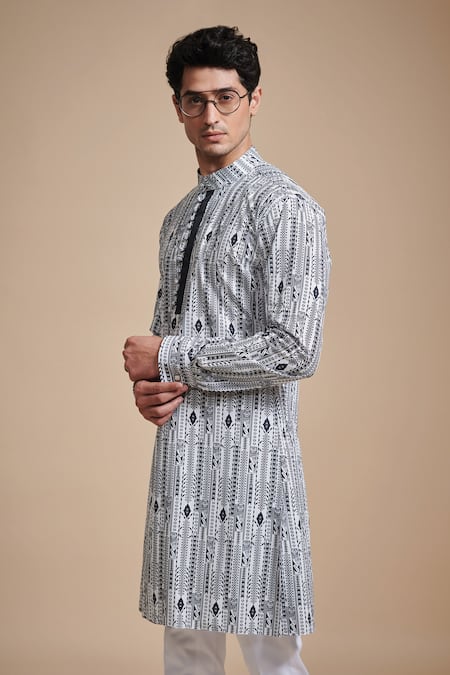 Raghavendra Rathore Blue_Black Cotton Printed Linear Kurta _Online_at_Aza_Fashions