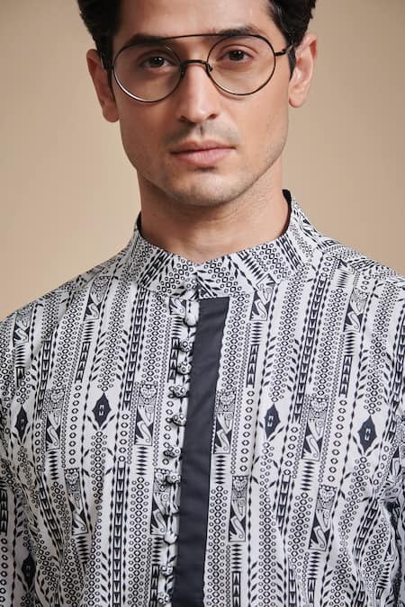 Shop_Raghavendra Rathore Blue_Black Cotton Printed Linear Kurta _Online_at_Aza_Fashions