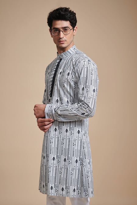 Raghavendra Rathore Blue_Black , Satin Linear Print Kurta Set _Online_at_Aza_Fashions