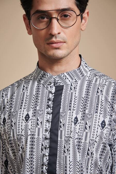 Buy_Raghavendra Rathore Blue_Black , Satin Linear Print Kurta Set _Online_at_Aza_Fashions