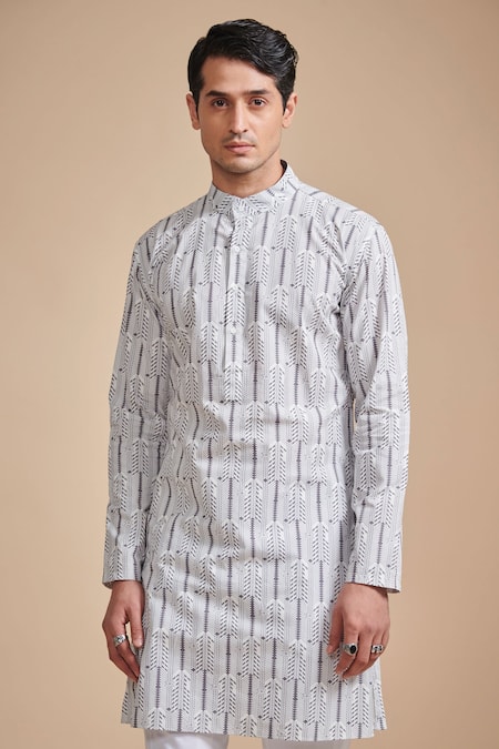 Raghavendra Rathore Blue_Grey Cotton Satin Geometric Print Kurta _Online_at_Aza_Fashions