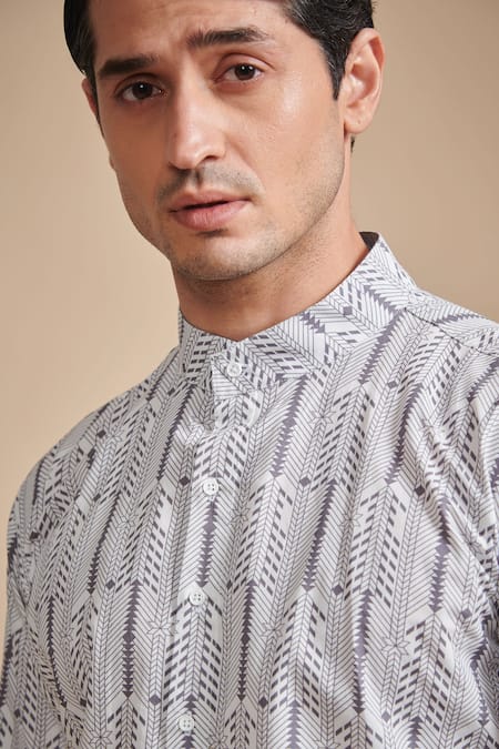 Shop_Raghavendra Rathore Blue_Grey Cotton Satin Geometric Print Kurta _Online_at_Aza_Fashions