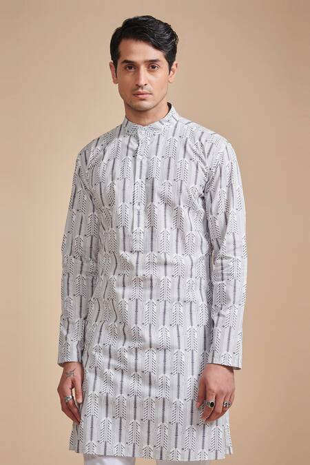 Raghavendra Rathore Blue_Grey Cotton Satin Geometric Printed Kurta Set _Online_at_Aza_Fashions