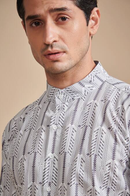 Buy_Raghavendra Rathore Blue_Grey Cotton Satin Geometric Printed Kurta Set _Online_at_Aza_Fashions