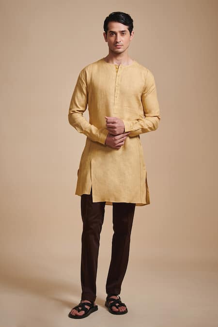 Raghavendra Rathore Blue Beige Linen Plain Round Neck Kurta Set 