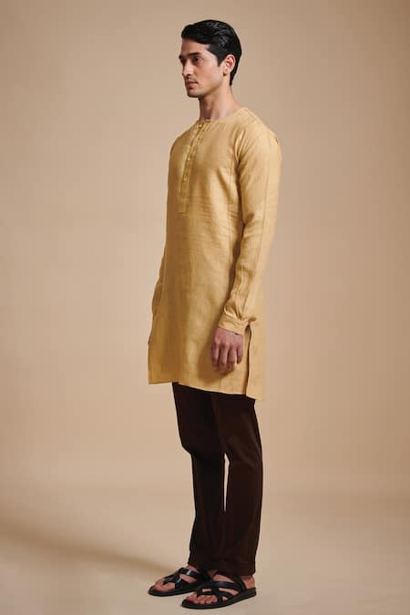 Raghavendra Rathore Blue_Beige Cotton Satin, Linen Plain Round Neck Kurta Set_Online_at_Aza_Fashions