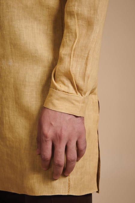 Raghavendra Rathore Blue_Beige Cotton Satin, Linen Plain Round Neck Kurta Set_at_Aza_Fashions